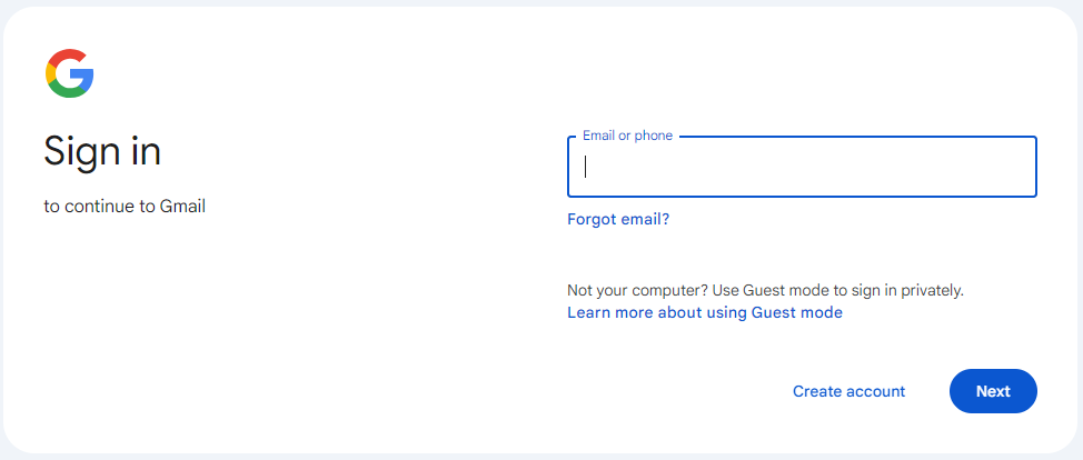 Gmail login page showing the Google account sign-in form with email and password fields