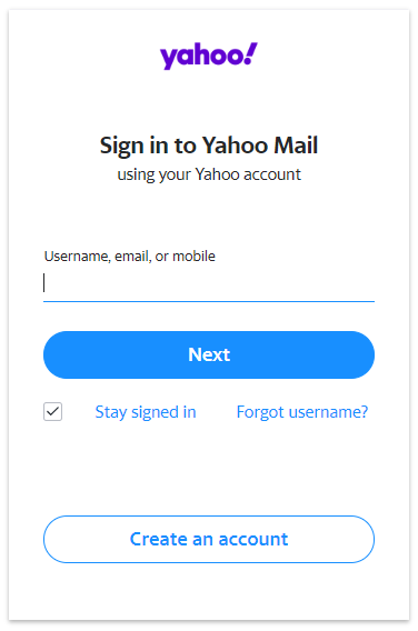 Yahoo Mail login page showing the sign-in form with email and password fields
